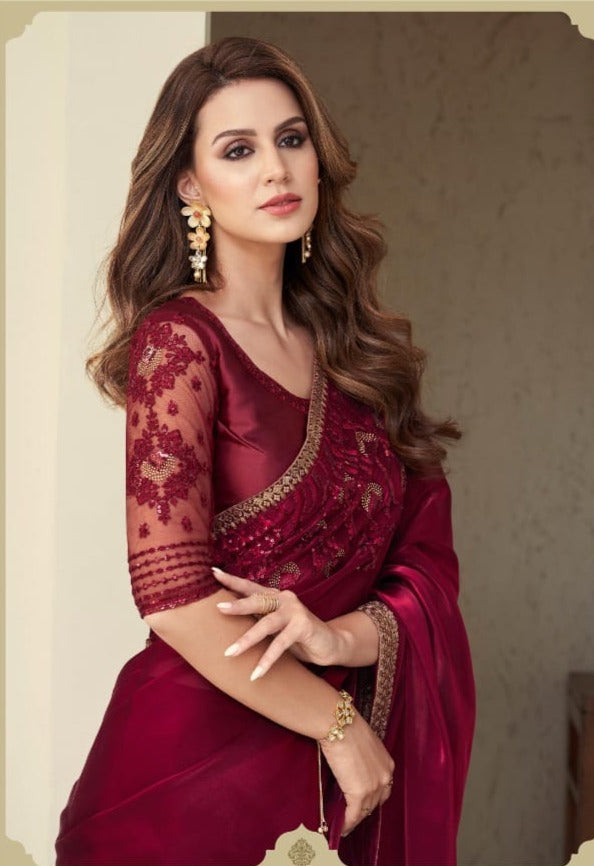 Maroon saree party on sale wear