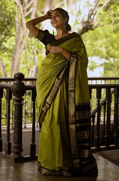 Kalyani Cotton saree - Apple green and black sari