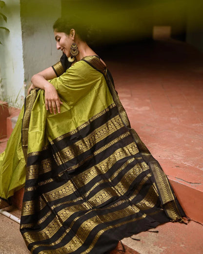 Kalyani Cotton saree - Apple green and black sari