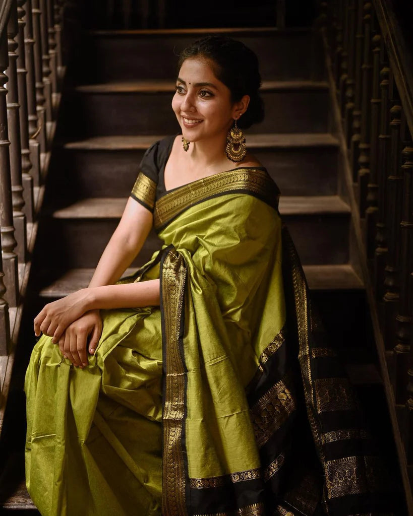 Kalyani Cotton saree - Apple green and black sari