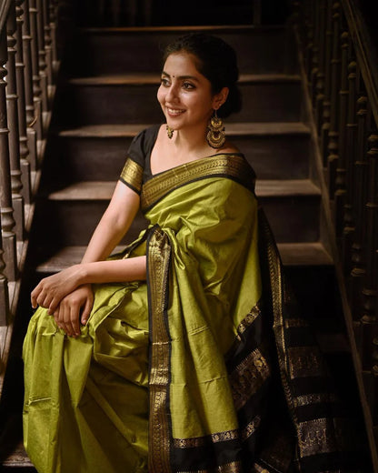 Kalyani Cotton saree - Apple green and black sari