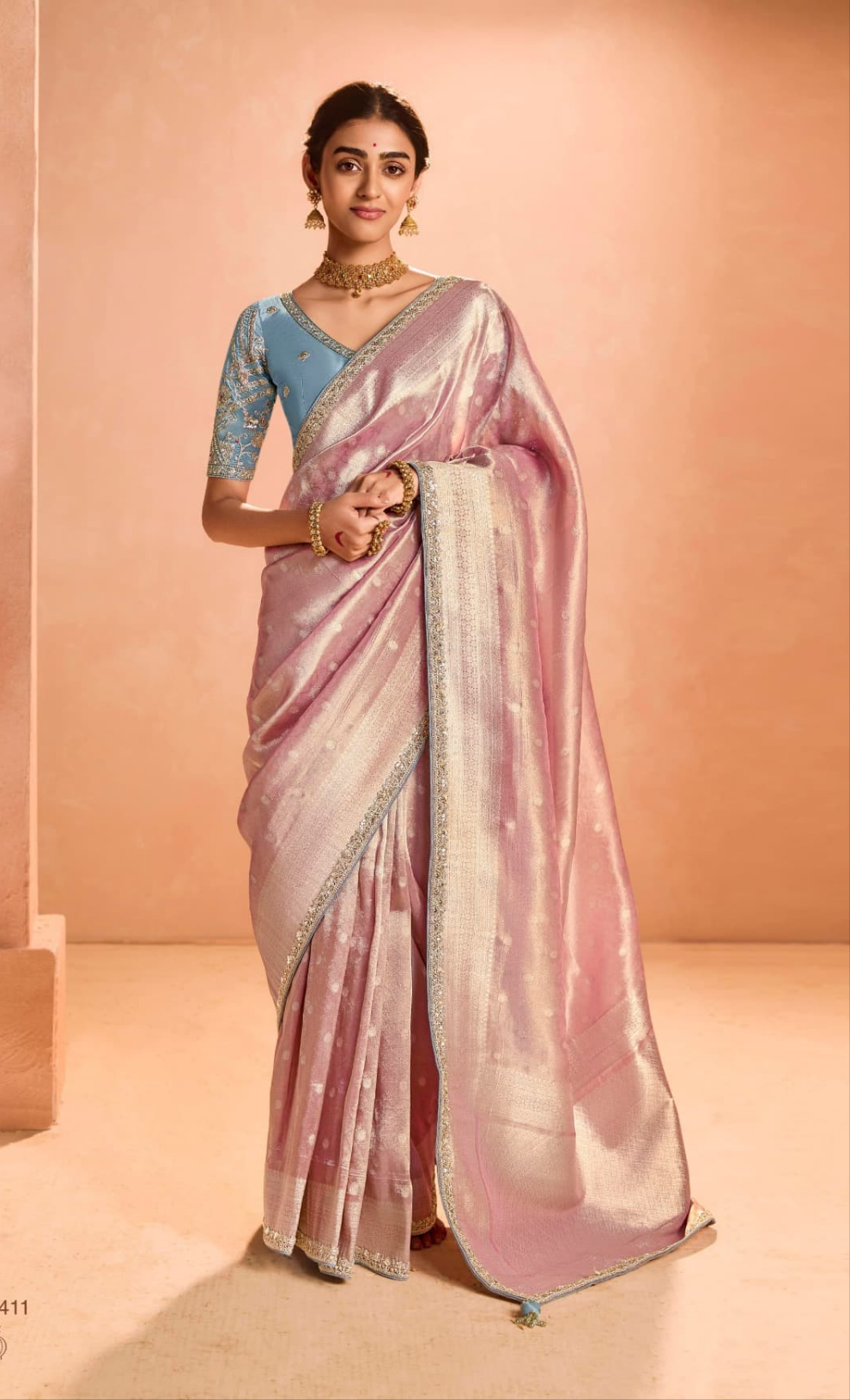 Pink Cream Tissue weaving silk party wear saree