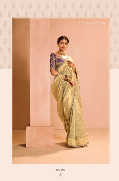 Cream Tissue weaving silk party wear saree