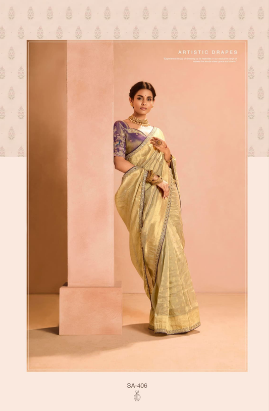 Cream Tissue weaving silk party wear saree