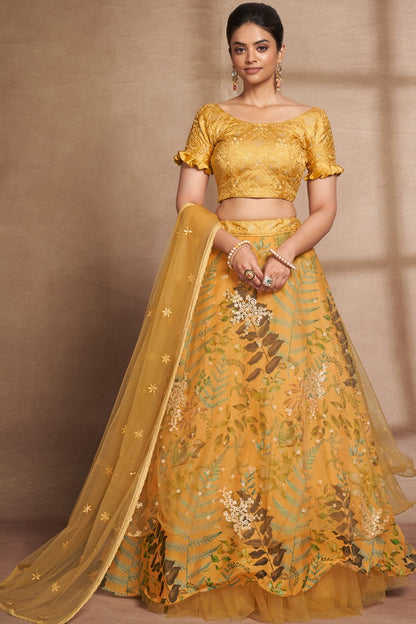 Sequins Work Yellow Color Organza Lehenga