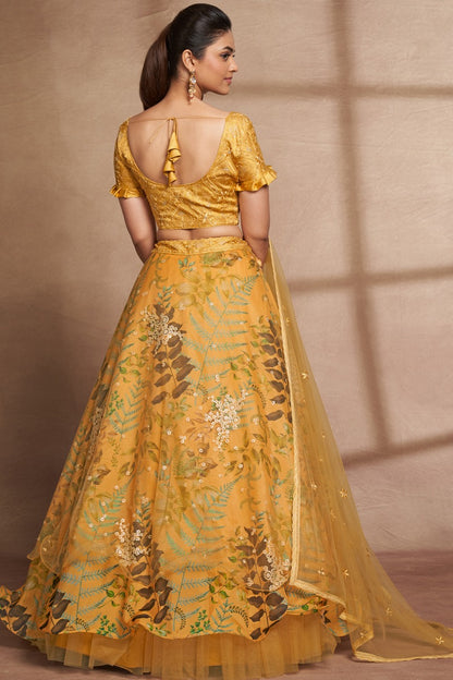 Sequins Work Yellow Color Organza Lehenga