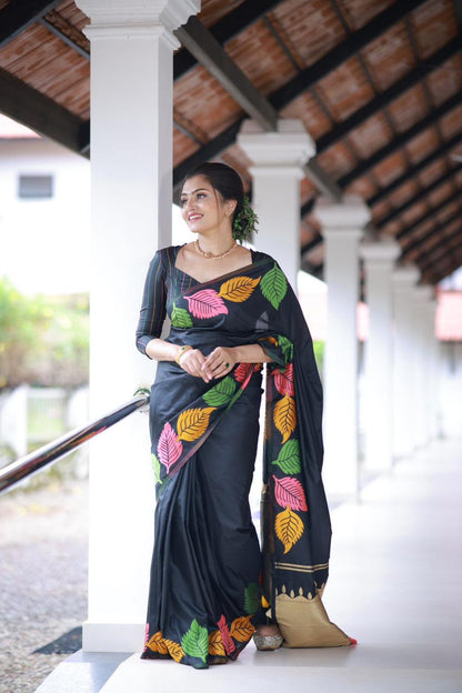 Leaf design black soft silk saree