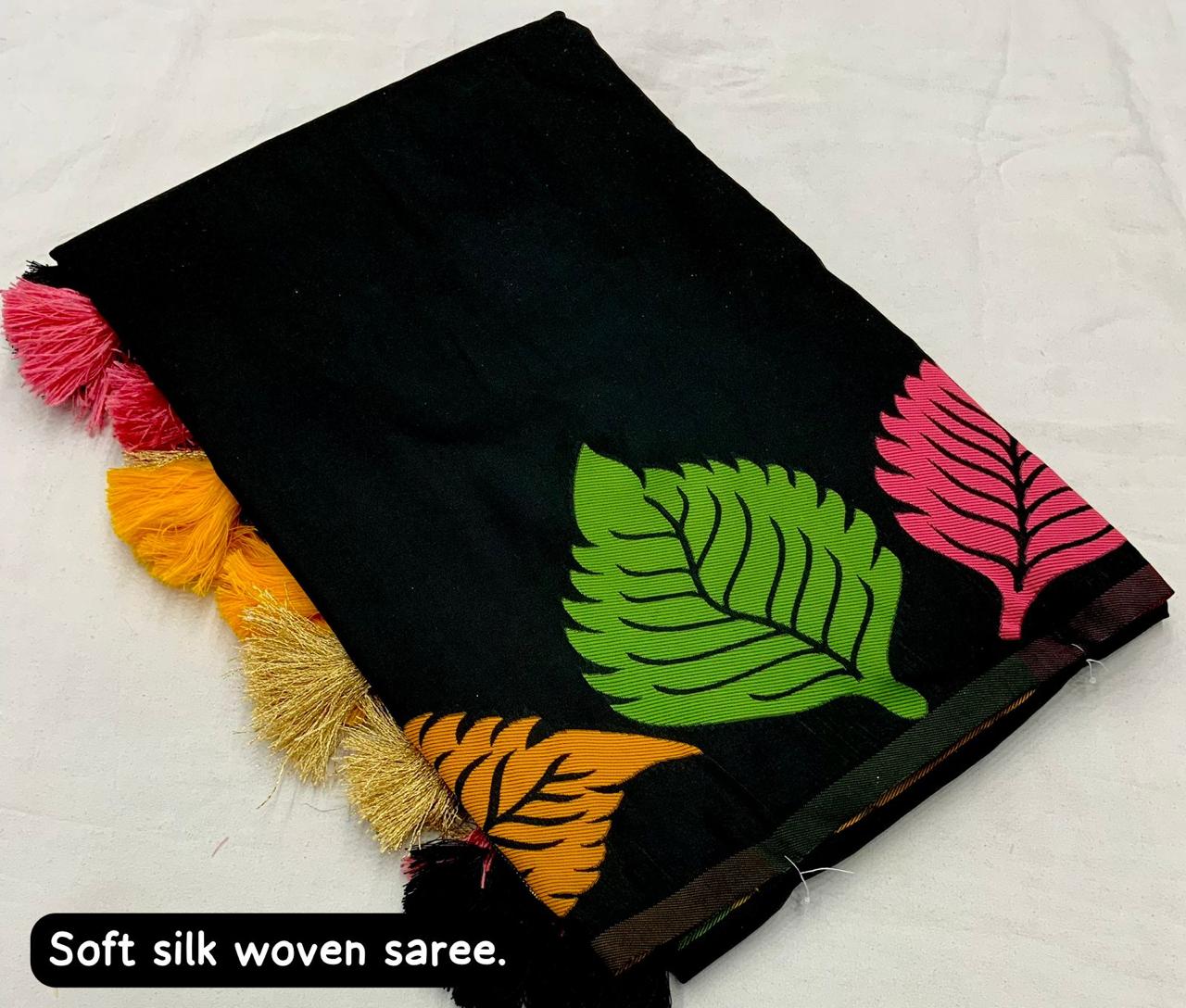 Leaf design black soft silk saree