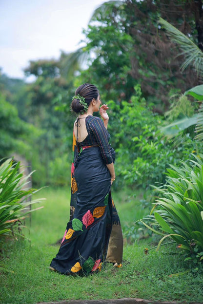 Leaf design black soft silk saree