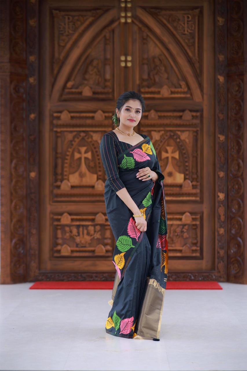 Leaf design black soft silk saree