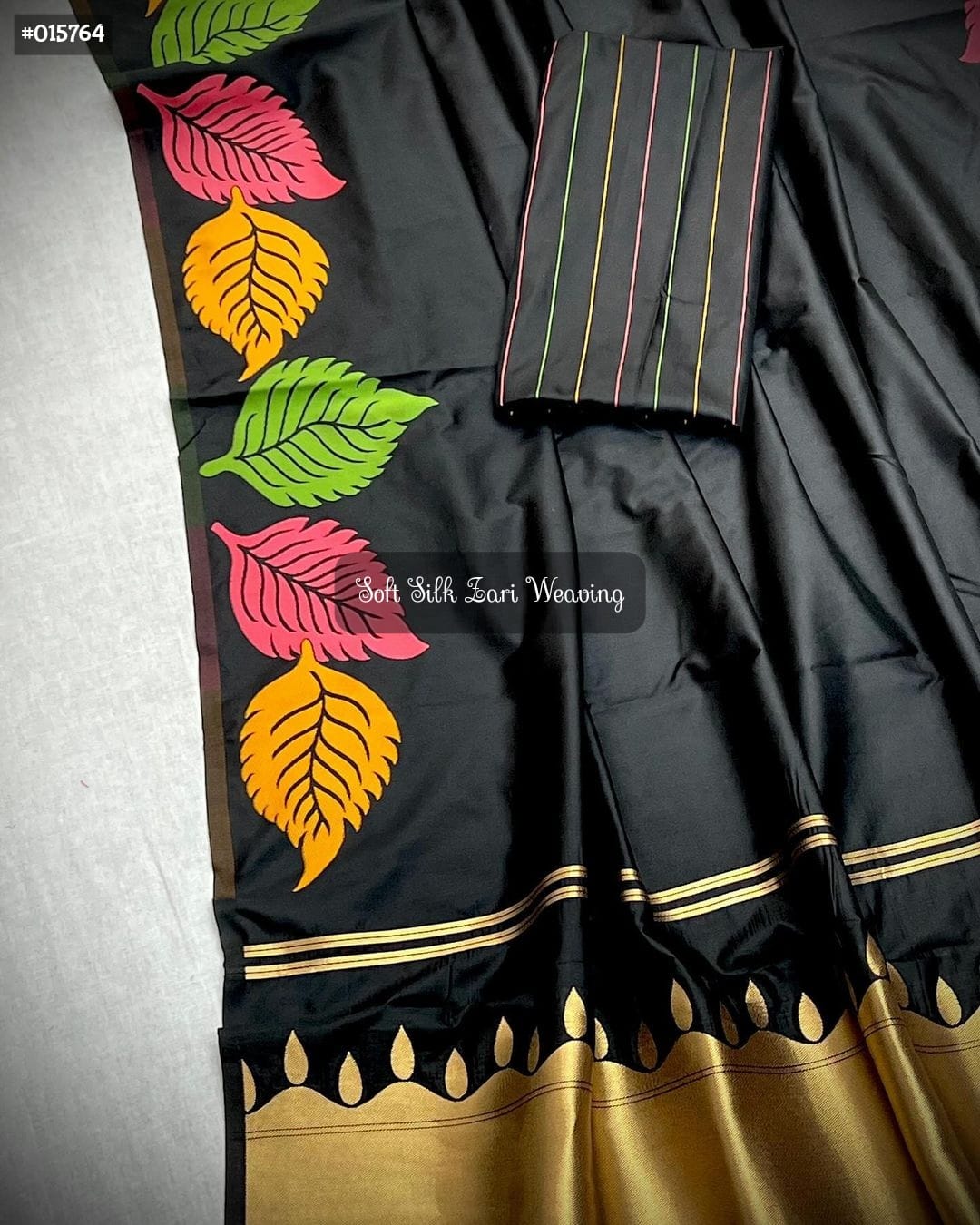 Leaf design black soft silk saree