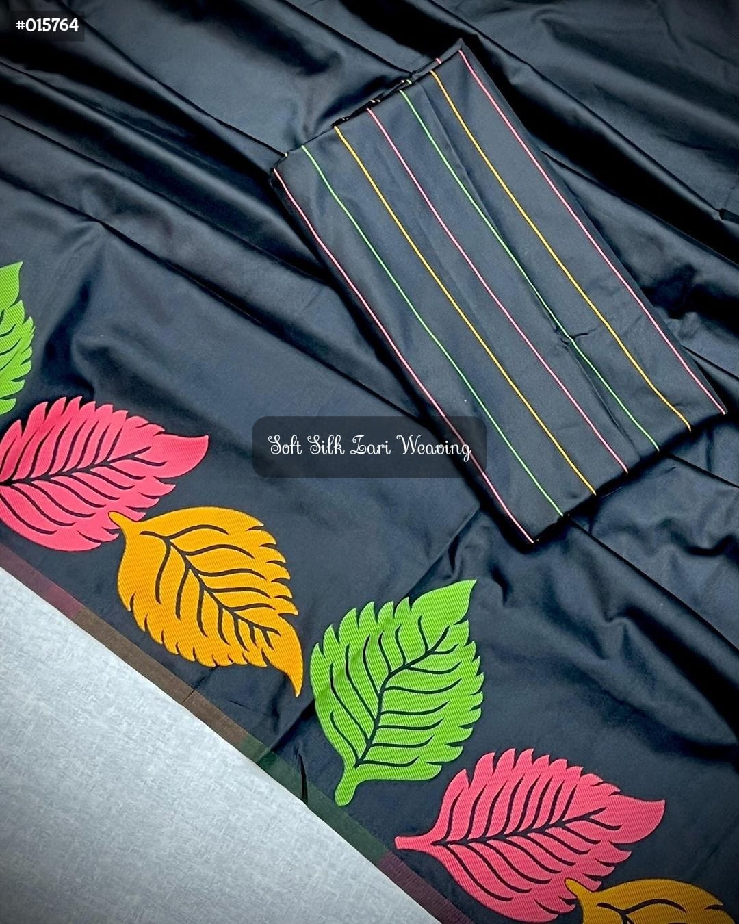 Leaf design black soft silk saree