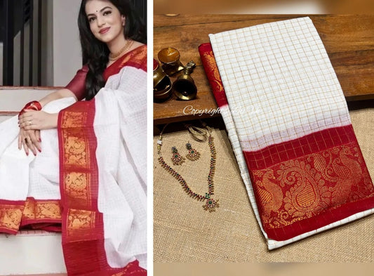 Traditional red and white Madurai sungudi cotton saree