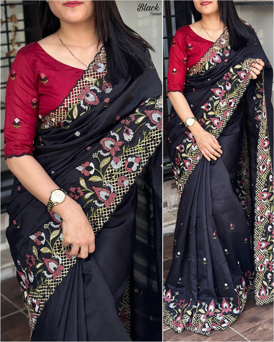 Black visca slub silk saree