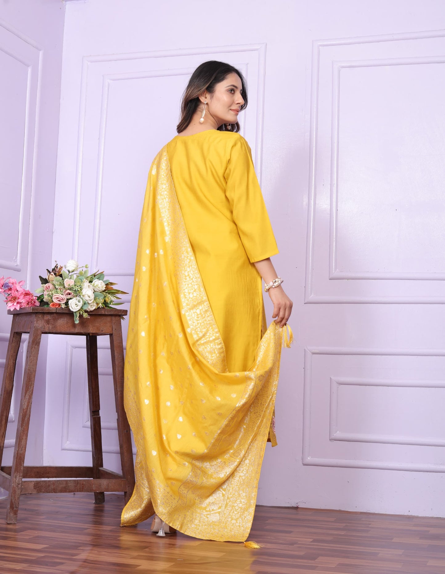 Honey mango yellow Russian  silk shalwar set