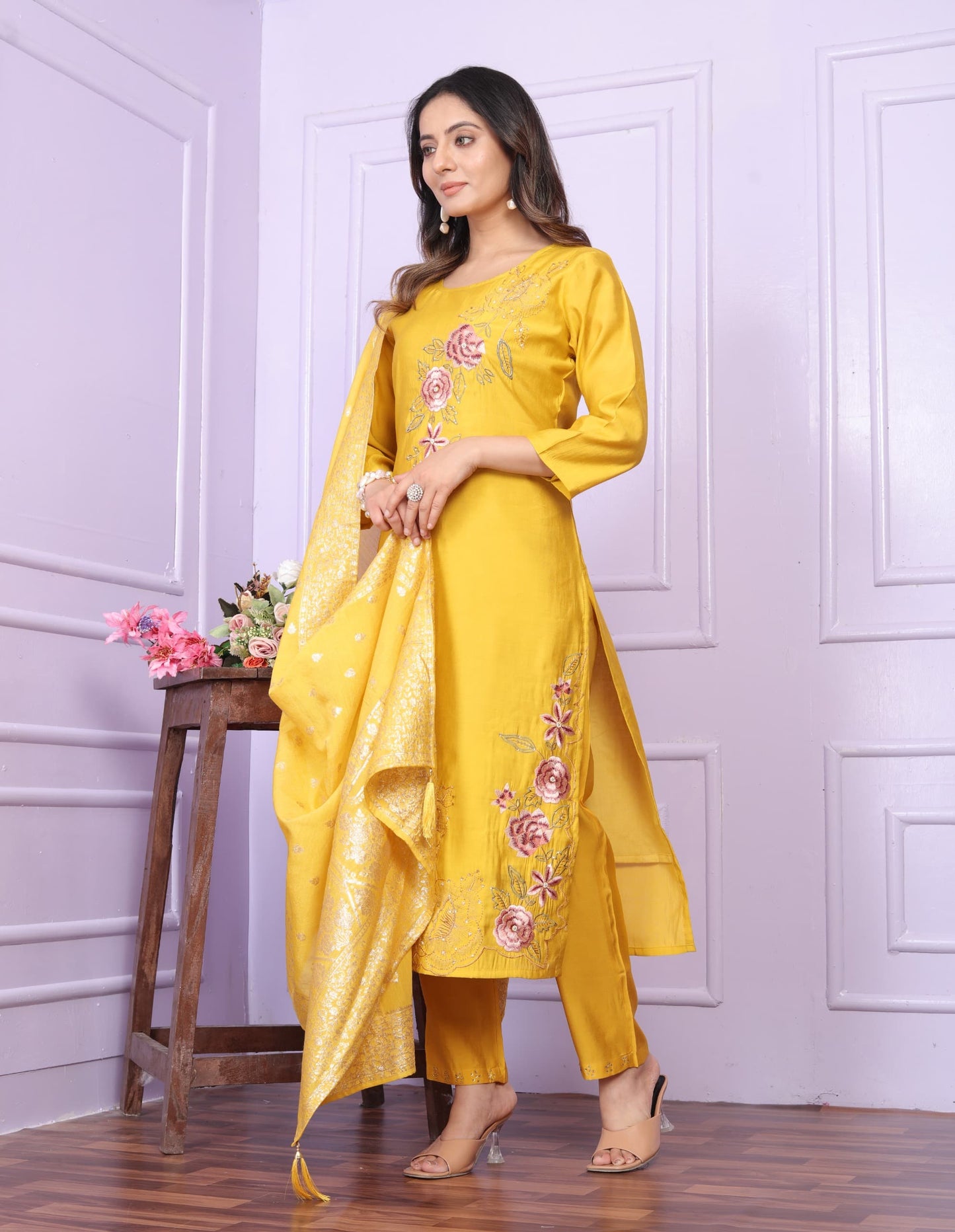 Honey mango yellow Russian  silk shalwar set