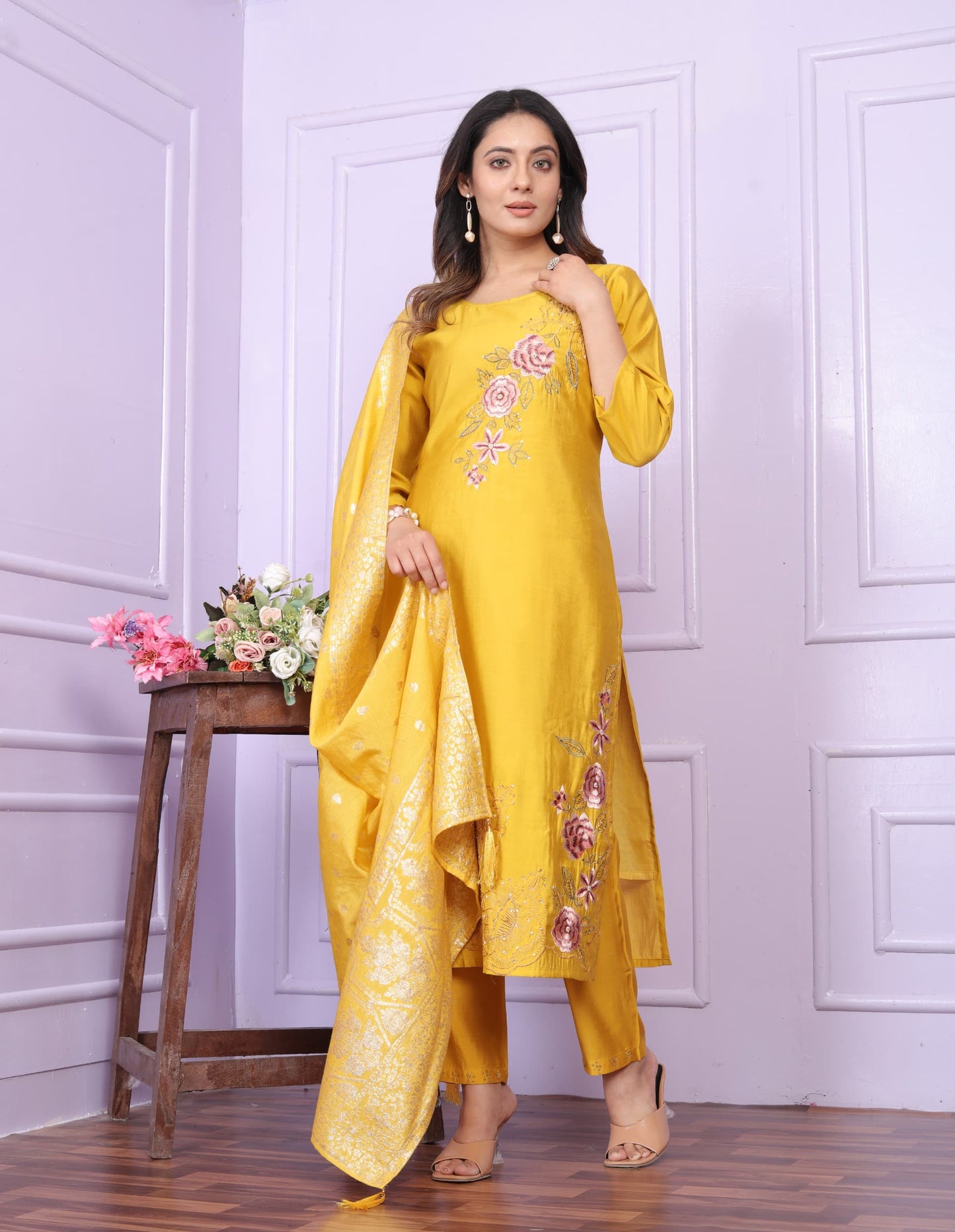 Honey mango yellow Russian  silk shalwar set