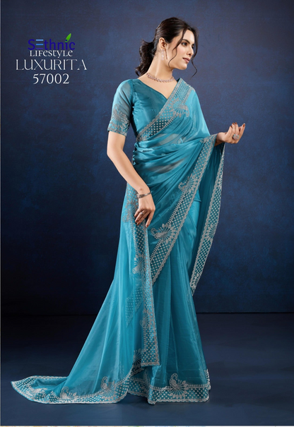 Rama blue designer party wear saree