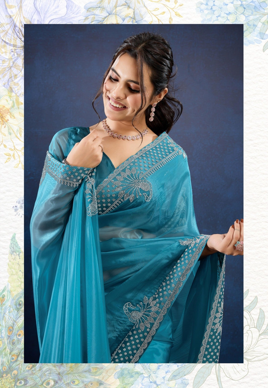 Rama blue designer party wear saree