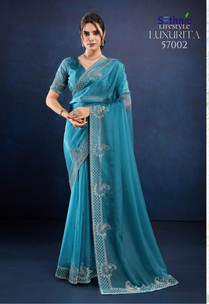 Rama blue designer party wear saree