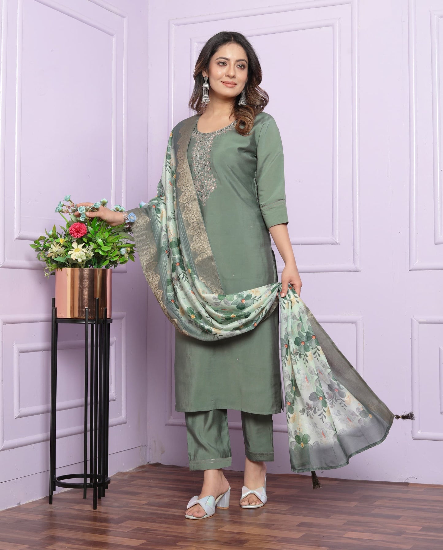 Olive green Roman silk shalwar set