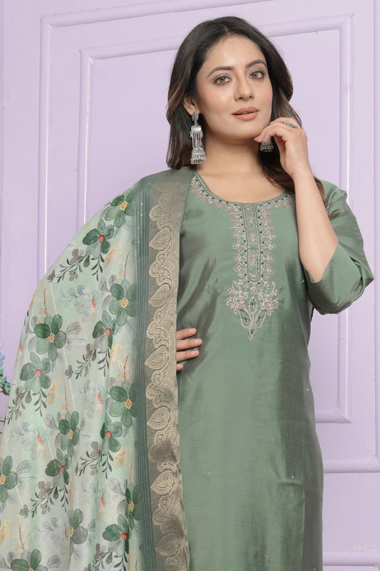 Olive green Roman silk shalwar set