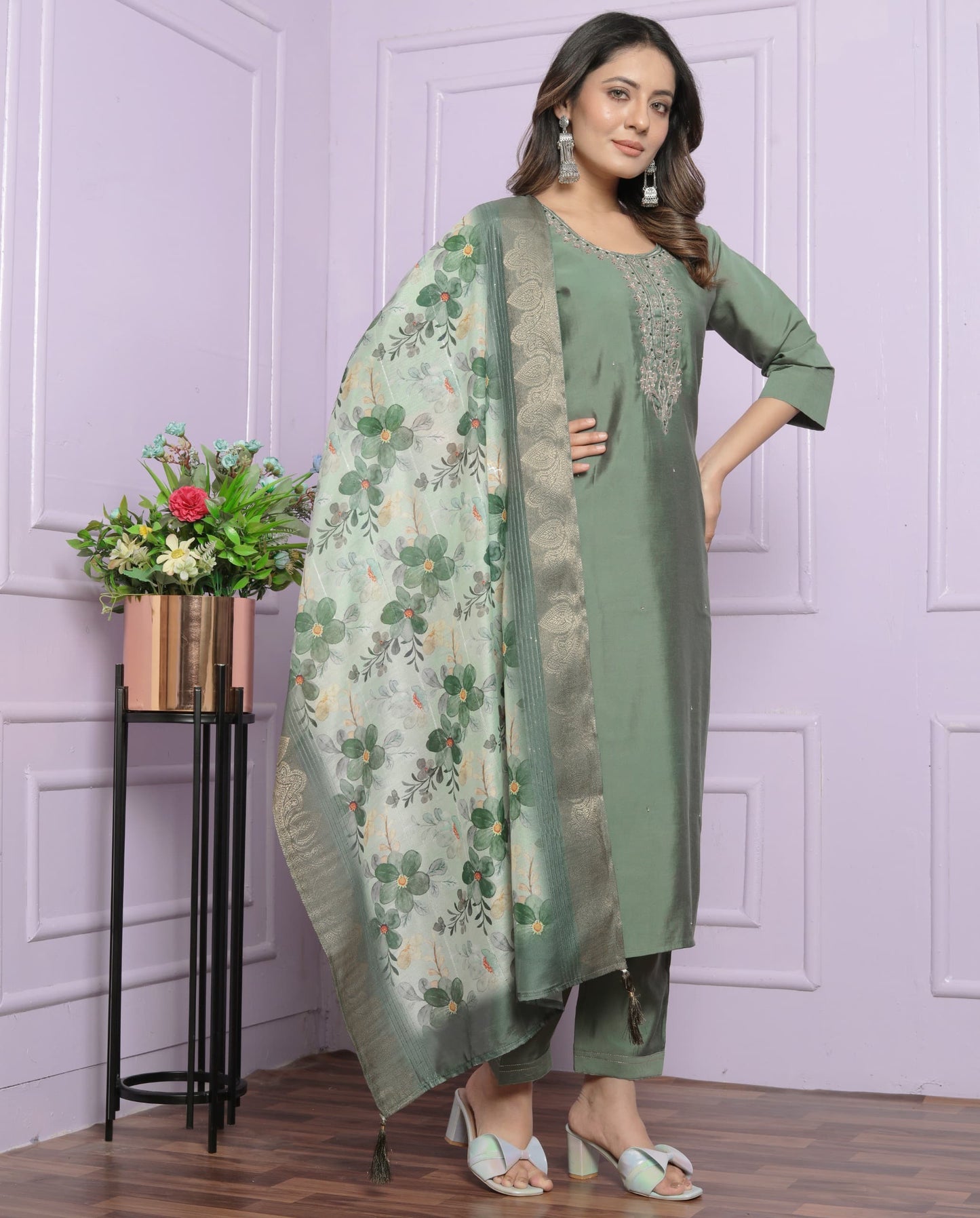 Olive green Roman silk shalwar set