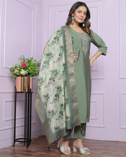 Olive green Roman silk shalwar set