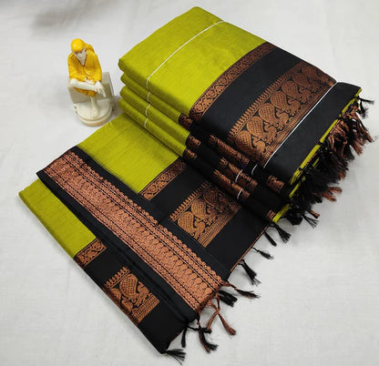 Kalyani Cotton saree - Apple green and black sari