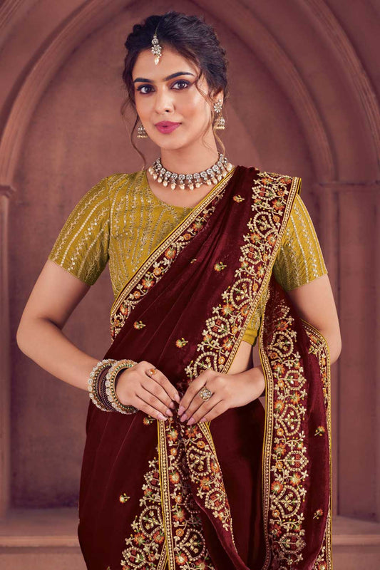 Chocolate Brown Organza Embroidered Saree