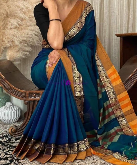 deep turquoise Pure Narayanpeth Mercerised Cotton Sarees