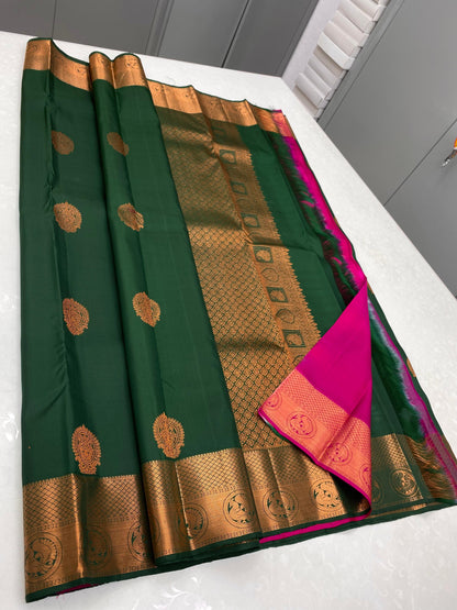 Bottle green with copper border bridal saree - kanchivaram silk saree with silk mark certificate