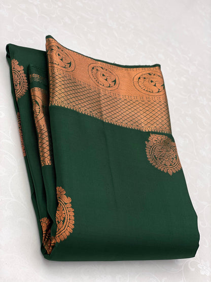 Bottle green with copper border bridal saree - kanchivaram silk saree with silk mark certificate