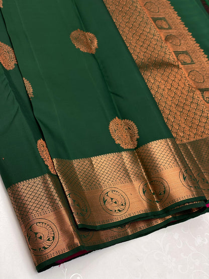 Bottle green with copper border bridal saree - kanchivaram silk saree with silk mark certificate