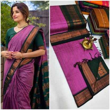 Purple and Bottle Green Kalyani Cotton Saree