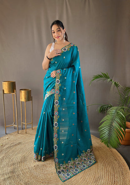 Blue Partywear cut work embroidary saree