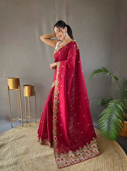 Red Partywear cut work embroidary saree