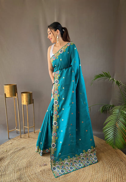 Blue Partywear cut work embroidary saree