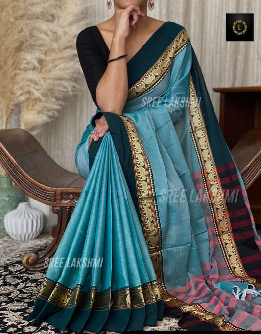 Sky blue Pure Narayanpeth Mercerised Cotton Sarees