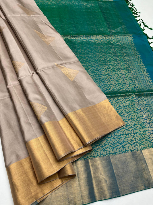 metallic beige colour kanchipuram soft silk saree