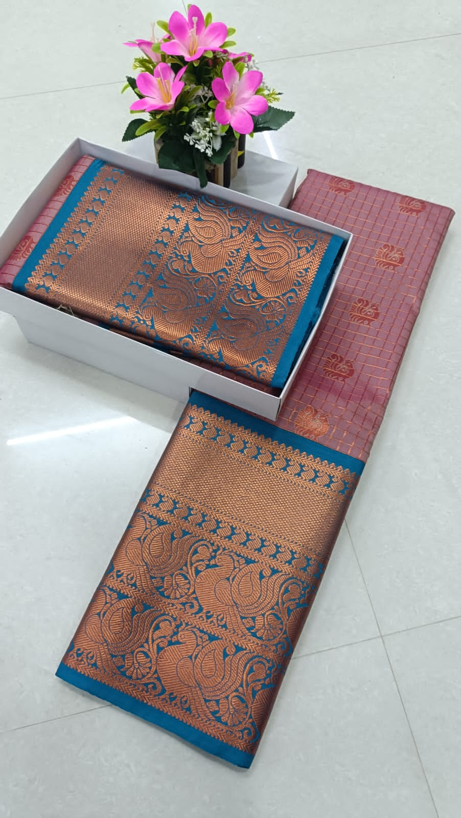 Duskey pink blue Semi Silk saree