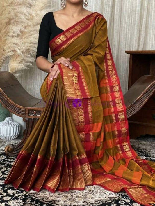 Amber green Pure Narayanpeth Mercerised Cotton Sarees