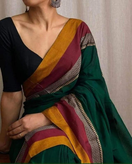 Handloom Narayanpeth Mercerised Cotton Sarees in Dark Green