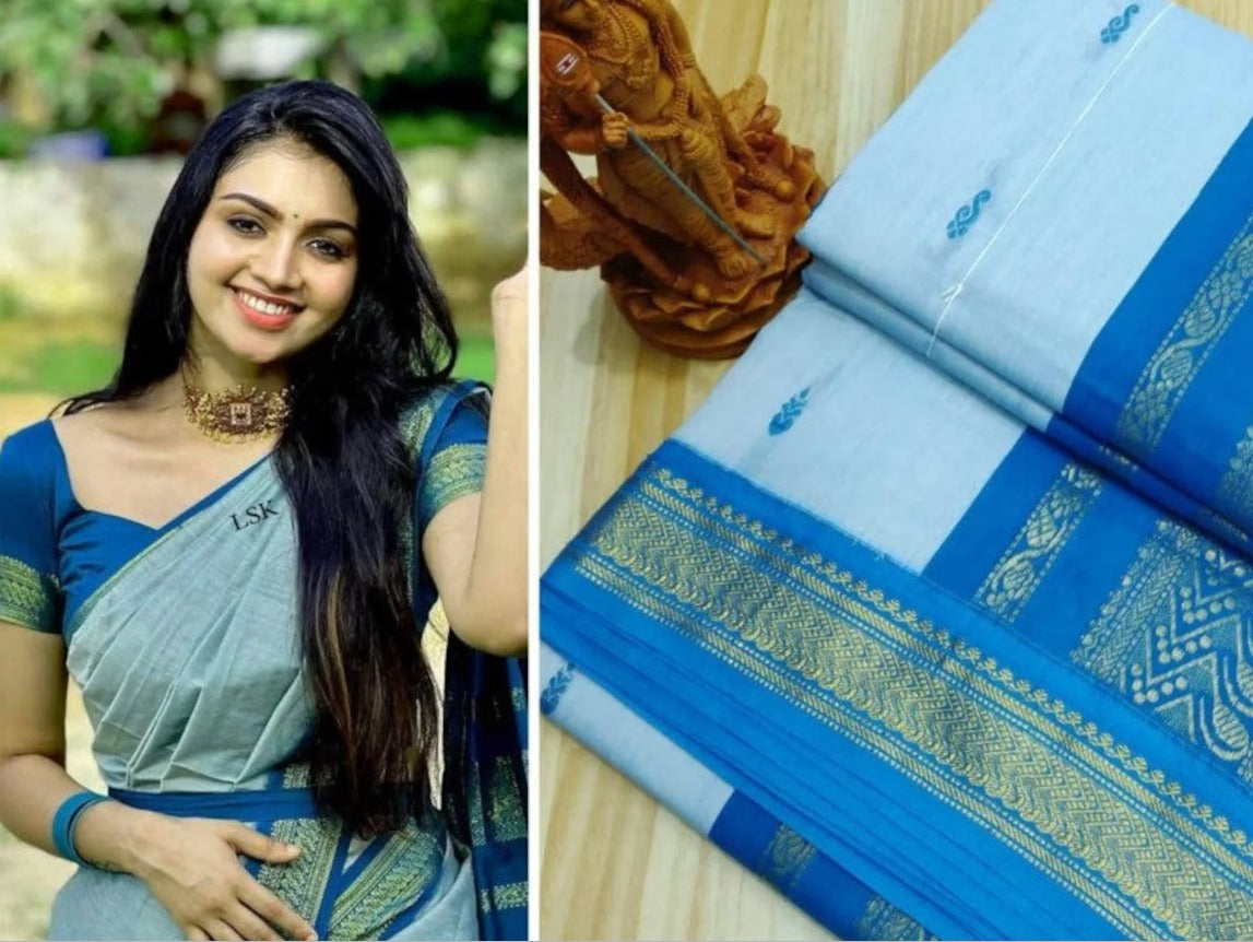 Sky blue Kalyani Cotton Gatwal saree