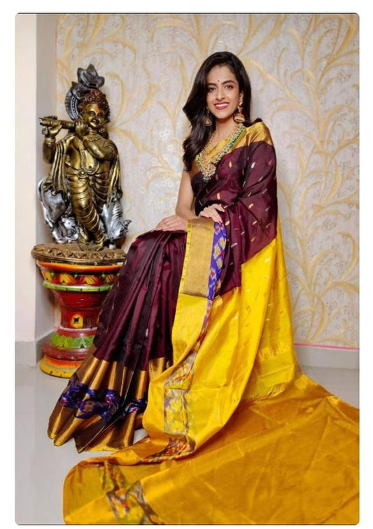 Chocolate brown and Mustard yellow uppada pattu saree