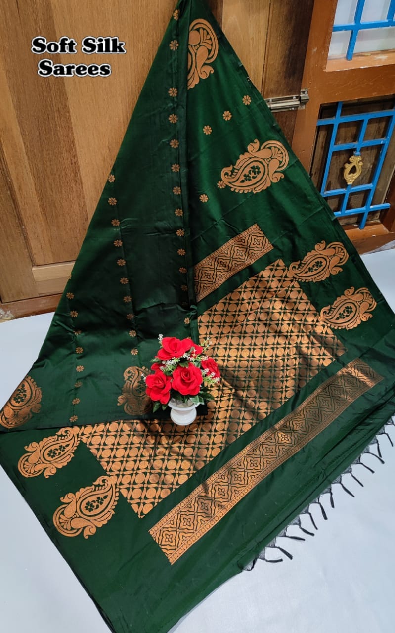 Borderless Soft Silk saree - Forest Green