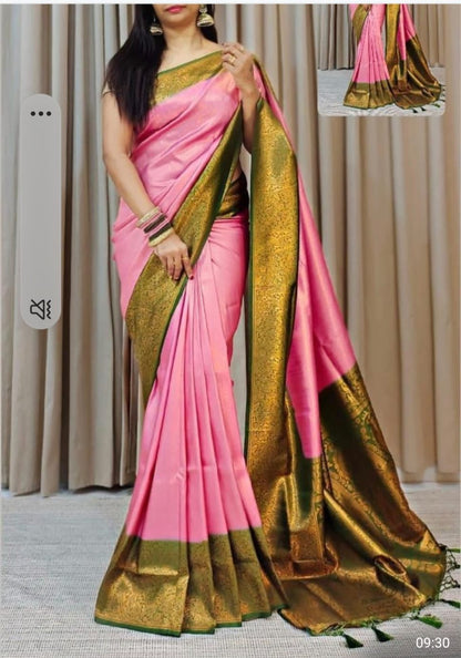 Sweet pink and forest green soft banarasi silk saree