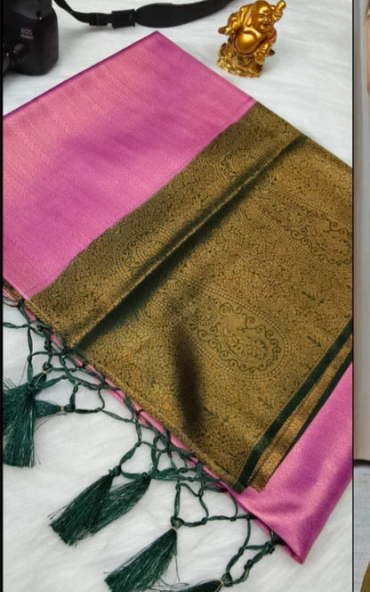 Sweet pink and forest green soft banarasi silk saree