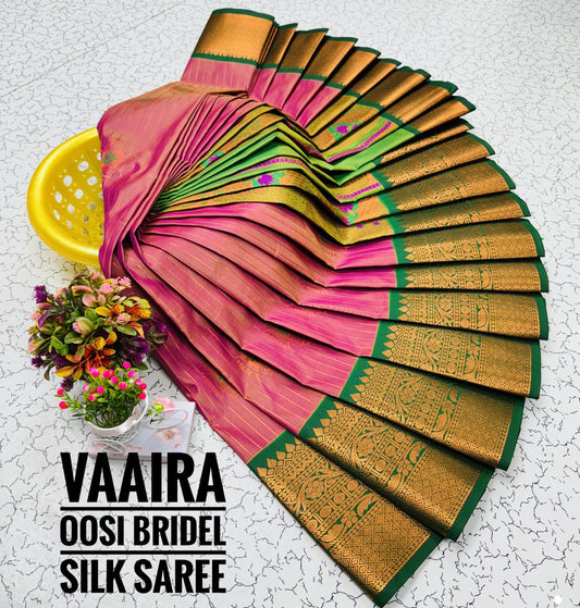 Pink and Green Vaira oosi Wedding silk saree