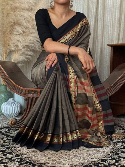 Mud Gray Narayanpeth Mercerised cotton saree